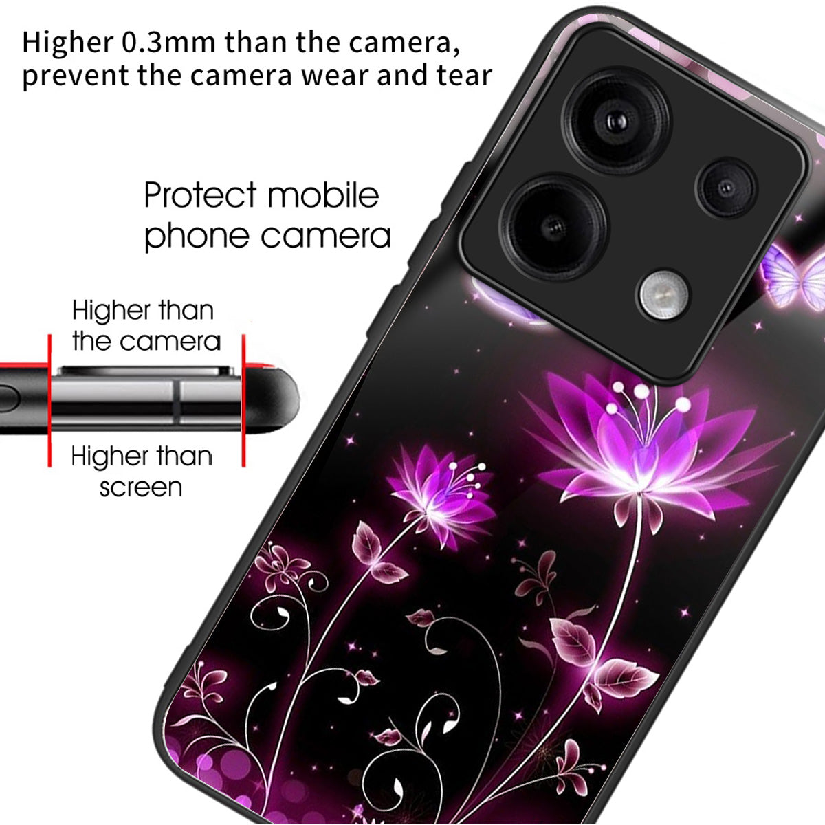 For Xiaomi Redmi Note 13 Pro 5G / Poco X6 5G Slim Case Pattern Printing Tempered Glass TPU Phone Cover - Fluorescent Lotus