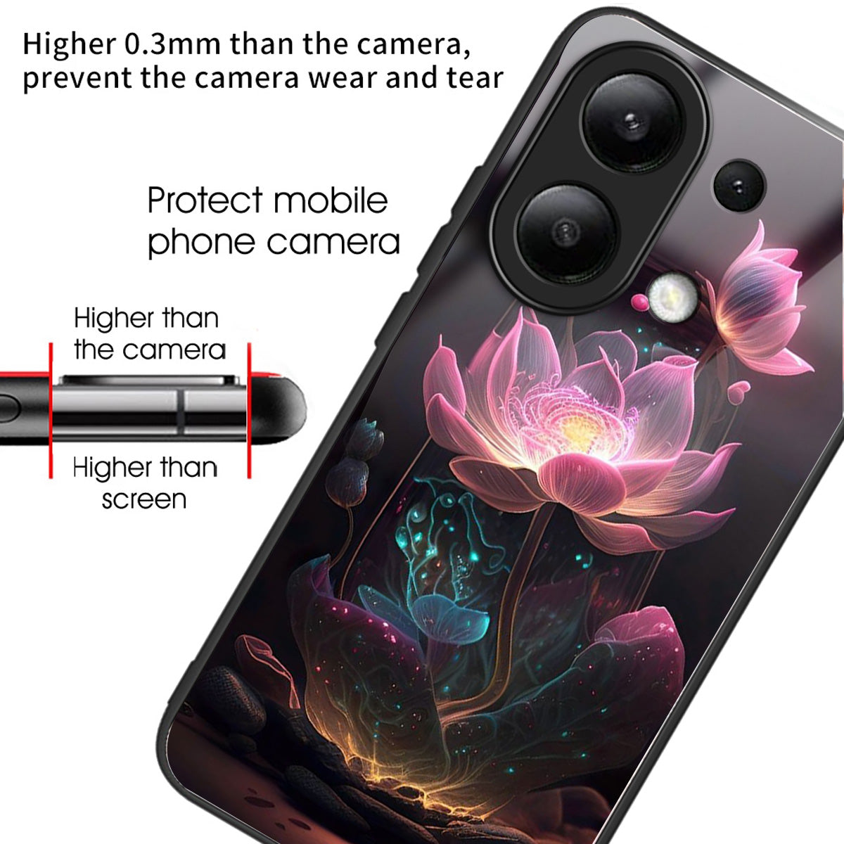 For Xiaomi Redmi Note 13 4G Phone Case Pattern Printed Tempered Glass Back Cover - Pink Lotus