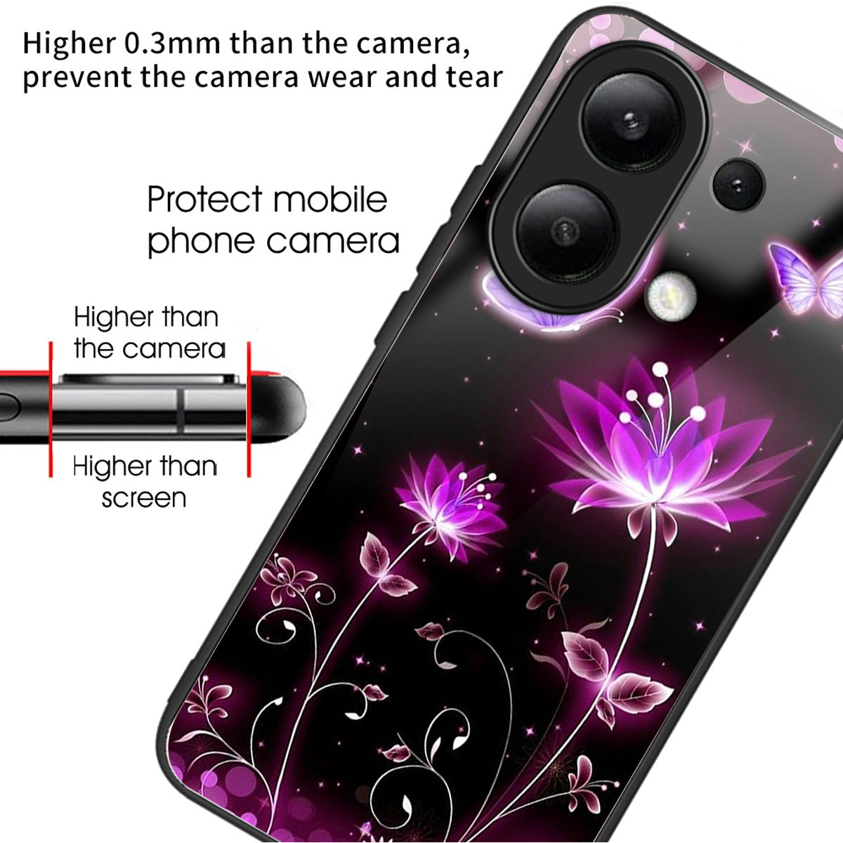 For Xiaomi Redmi Note 13 4G Phone Case Pattern Printed Tempered Glass Back Cover - Fluorescent Lotus