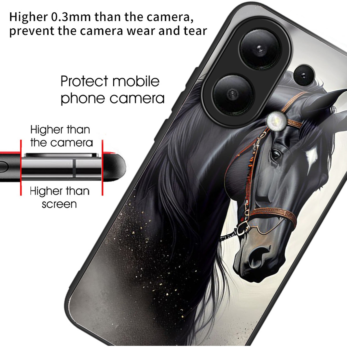 For Xiaomi Redmi Note 13 4G Phone Case Pattern Printed Tempered Glass Back Cover - Horse