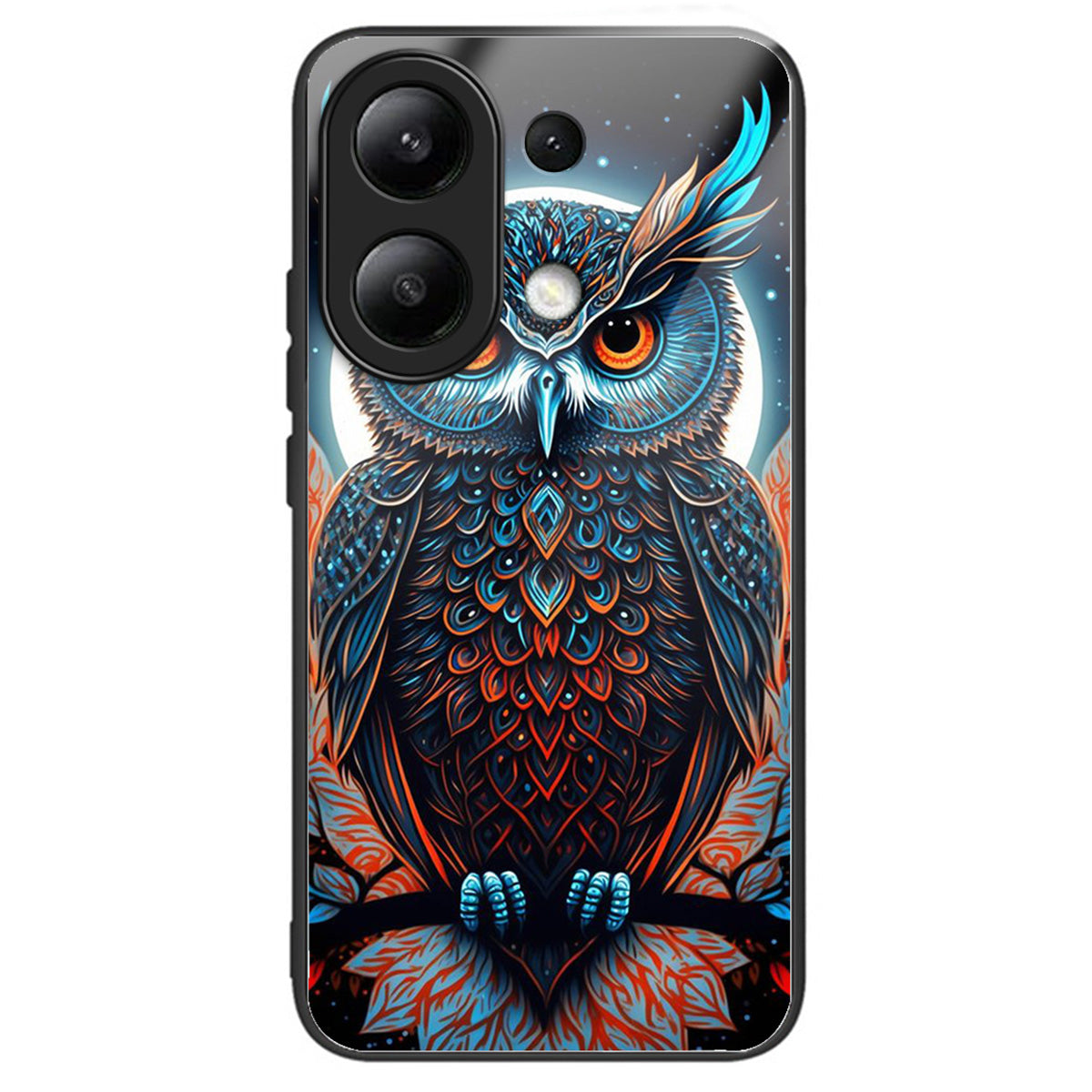 For Xiaomi Redmi Note 13 4G Phone Case Pattern Printed Tempered Glass Back Cover - Owl