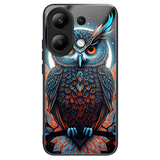 For Xiaomi Redmi Note 13 4G Phone Case Pattern Printed Tempered Glass Back Cover - Owl