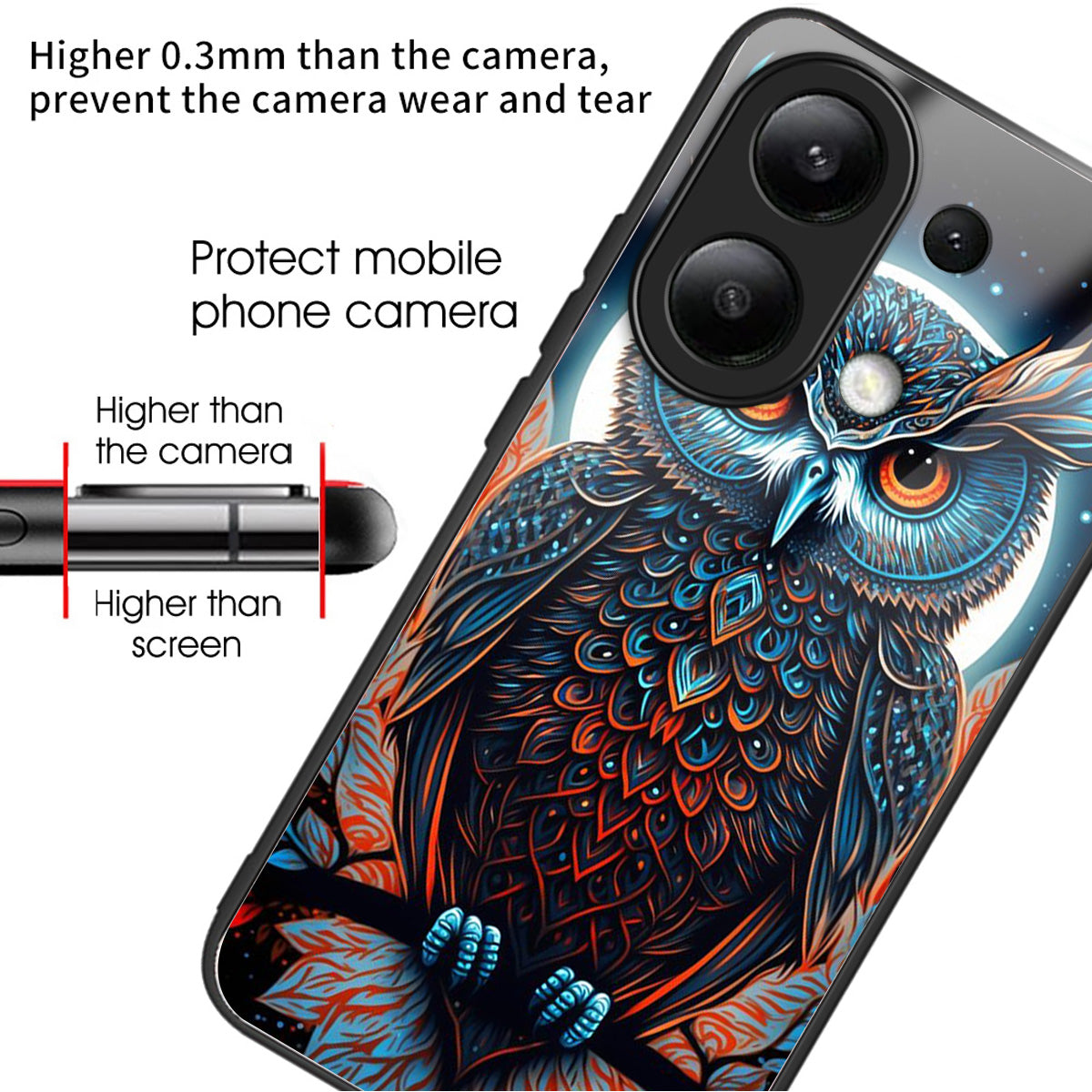 For Xiaomi Redmi Note 13 4G Phone Case Pattern Printed Tempered Glass Back Cover - Owl
