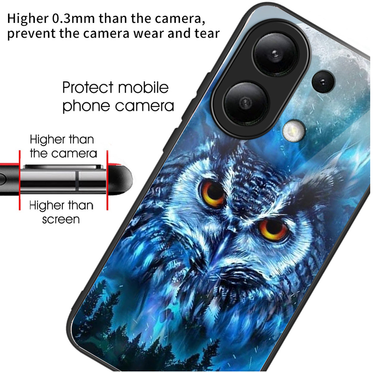 For Xiaomi Redmi Note 13 4G Phone Case Pattern Printed Tempered Glass Back Cover - Forest Owl