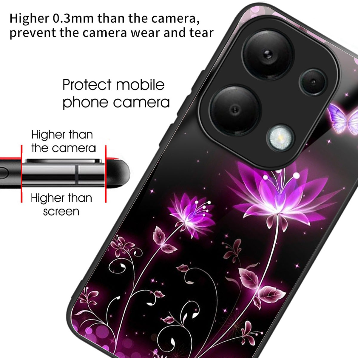 For Xiaomi Redmi Note 13 Pro 4G / Poco M6 Pro 4G Case Tempered Glass Pattern Phone Cover - Fluorescent Lotus