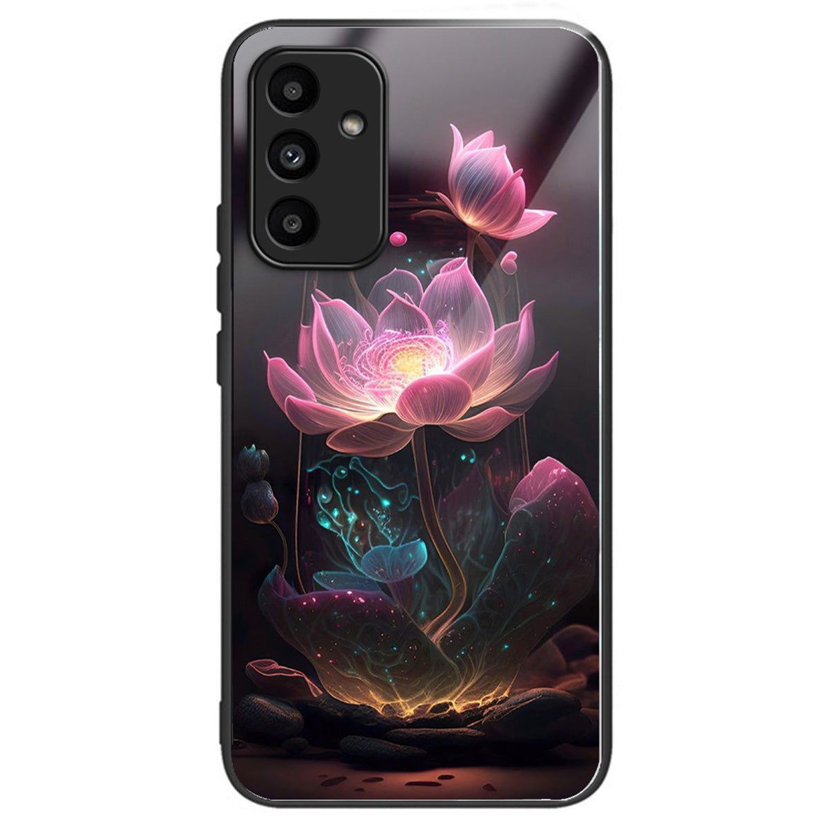 For Samsung Galaxy A15 4G / 5G TPU Phone Case Pattern Printed Tempered Glass Back Cover - Pink Lotus