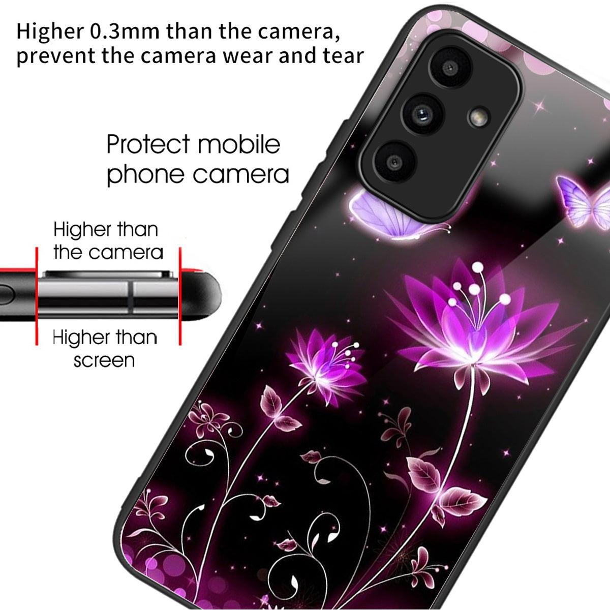 For Samsung Galaxy A15 4G / 5G TPU Phone Case Pattern Printed Tempered Glass Back Cover - Fluorescent Lotus