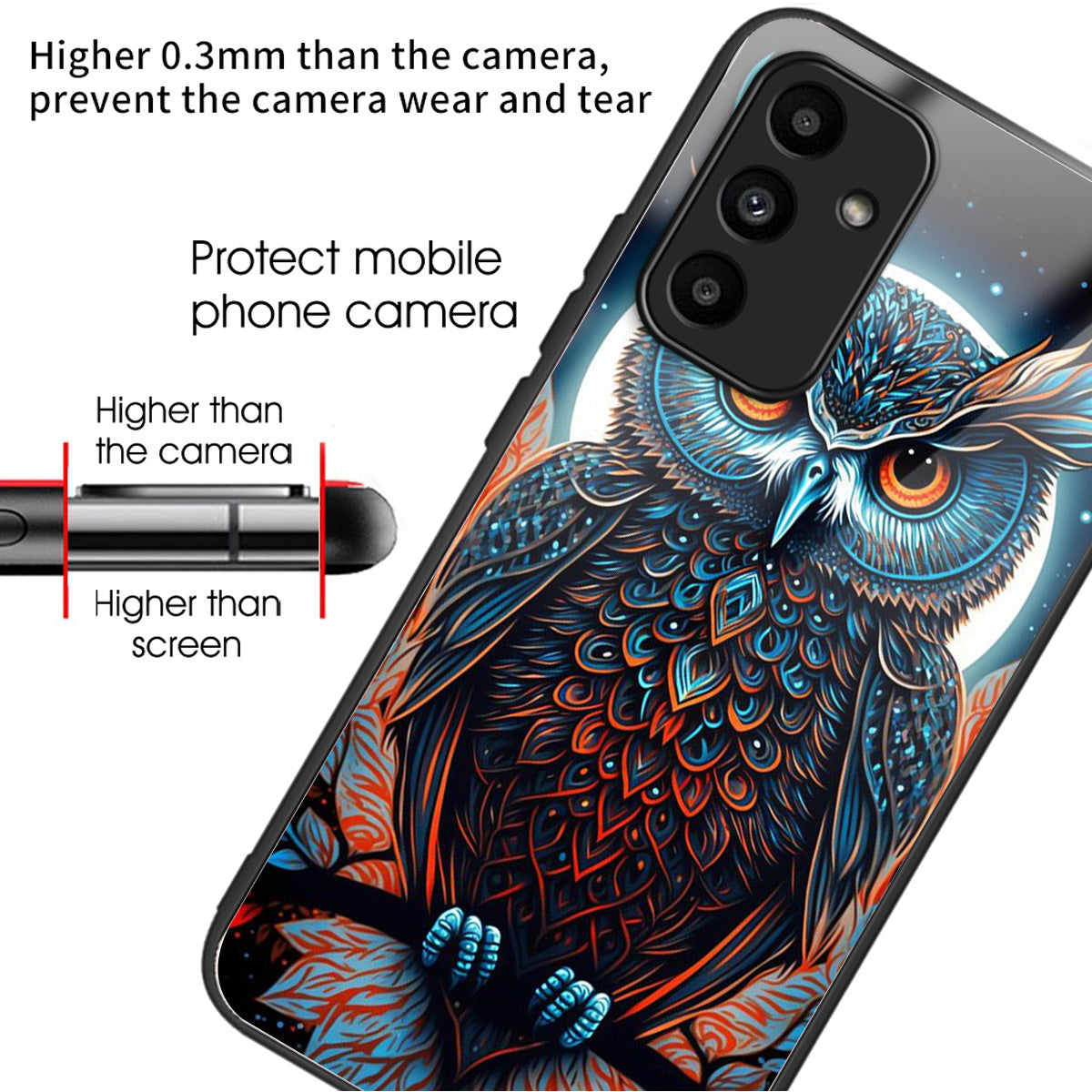 For Samsung Galaxy A15 4G / 5G TPU Phone Case Pattern Printed Tempered Glass Back Cover - Owl