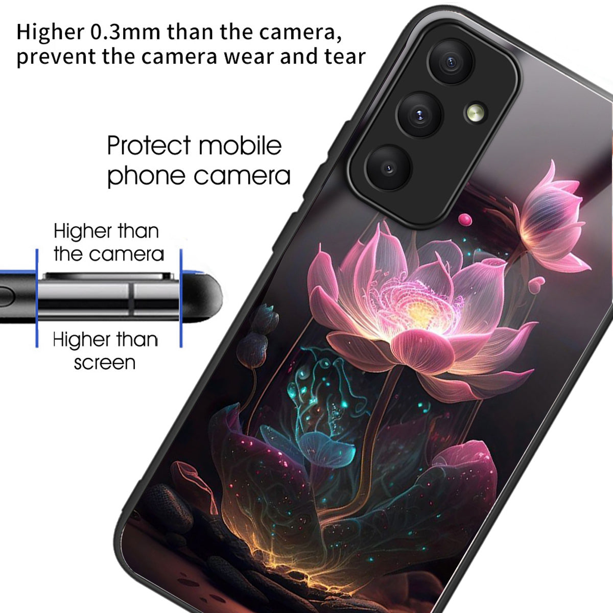 For Samsung Galaxy A55 5G Tempered Glass Case TPU Frame Pattern Print Phone Cover - Pink Lotus