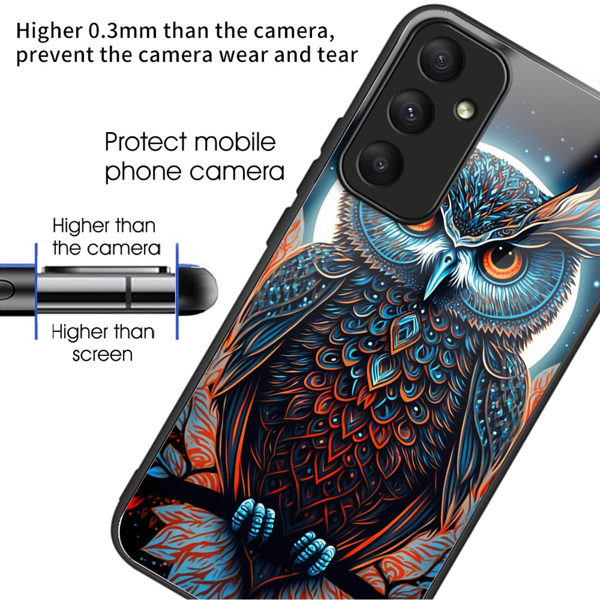 For Samsung Galaxy A34 5G Tempered Glass Case Pattern Printing TPU Frame Phone Cover - Owl
