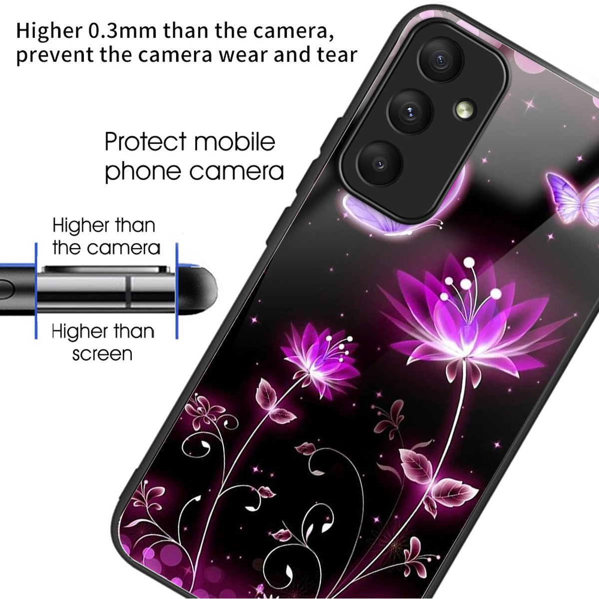 For Samsung Galaxy A34 5G Tempered Glass Case Pattern Printing TPU Frame Phone Cover - Fluorescent Lotus