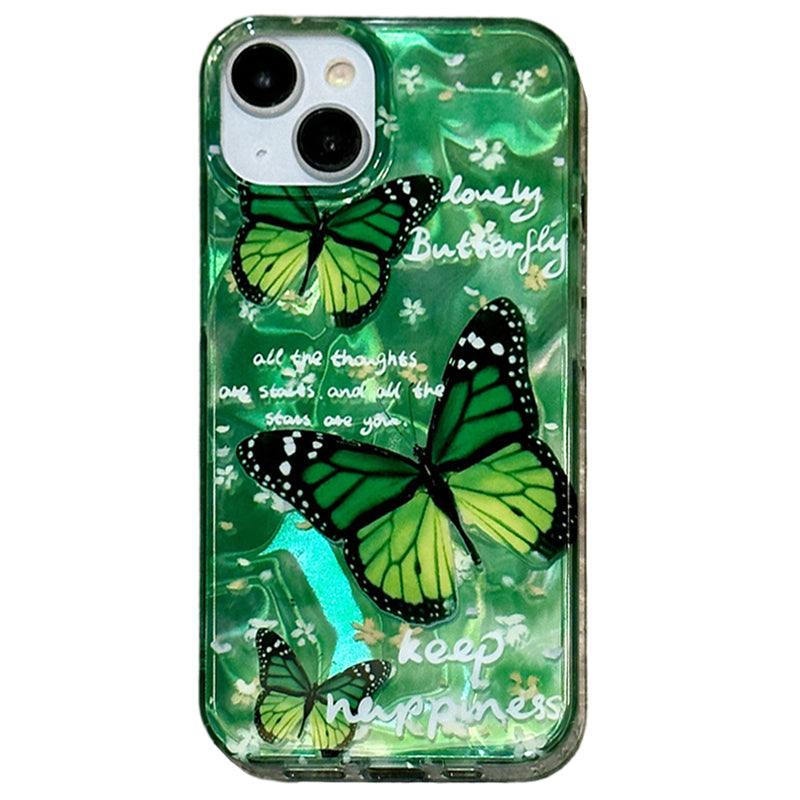 For iPhone 15 Case Pattern Laser Effect PC+TPU Shockproof Phone Cover - Green Butterfly