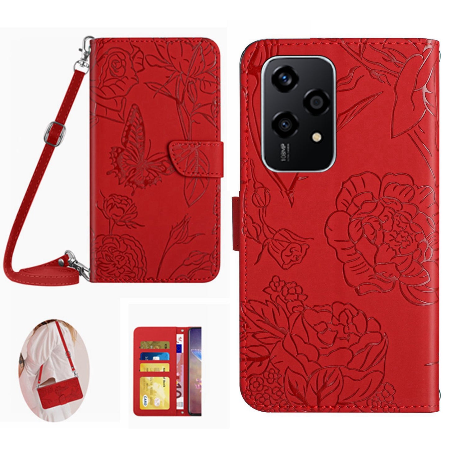 HT03 For Honor 200 Lite Case Butterfly Imprint Skin-touch Feeling Leather Phone Cover with Long Strap - Red