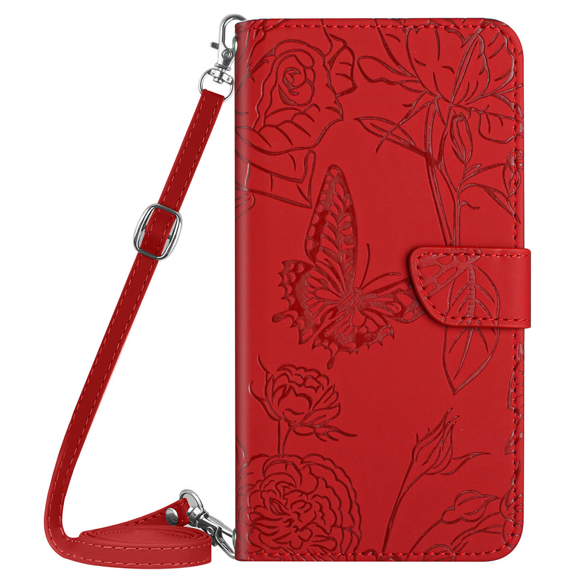 HT03 For Honor 200 Lite Case Butterfly Imprint Skin-touch Feeling Leather Phone Cover with Long Strap - Red