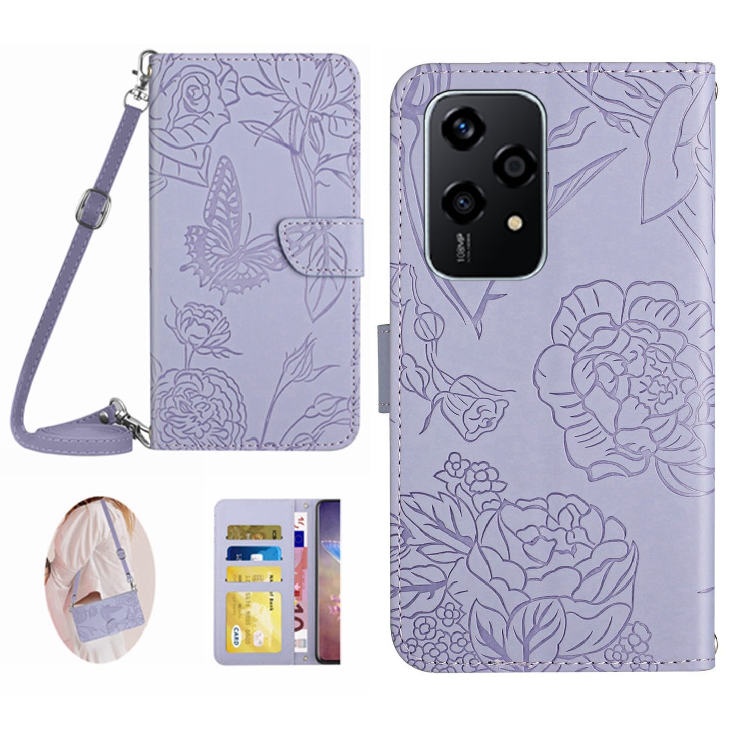 HT03 For Honor 200 Lite Case Butterfly Imprint Skin-touch Feeling Leather Phone Cover with Long Strap - Purple