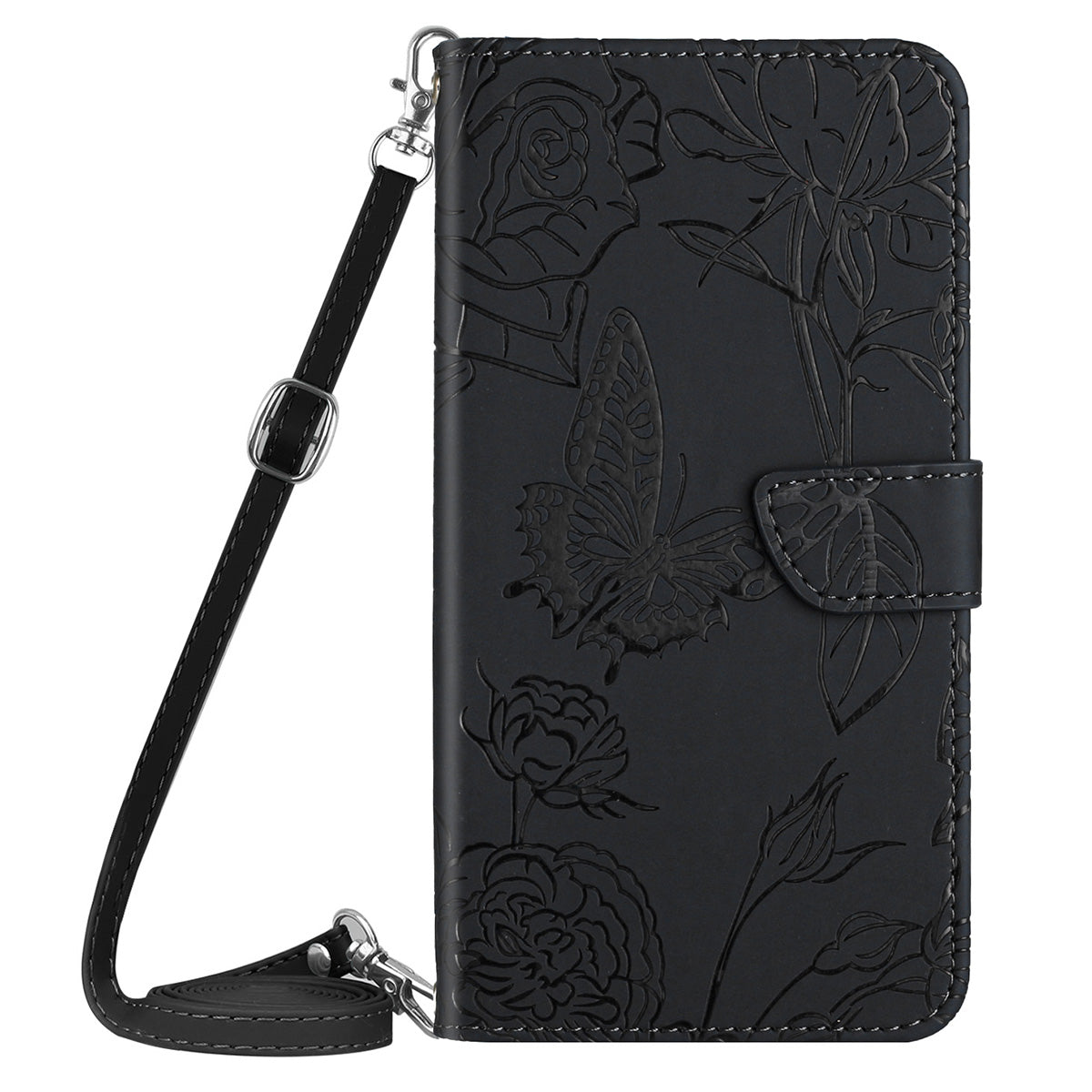 HT03 For Honor 200 Lite Case Butterfly Imprint Skin-touch Feeling Leather Phone Cover with Long Strap - Black