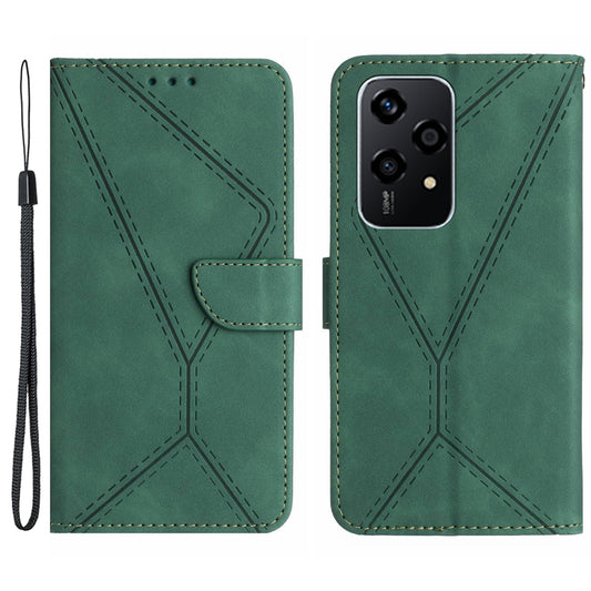 HT05 For Honor 200 Lite Case Lines Imprinted Leather Flip Magnetic Phone Cover - Green