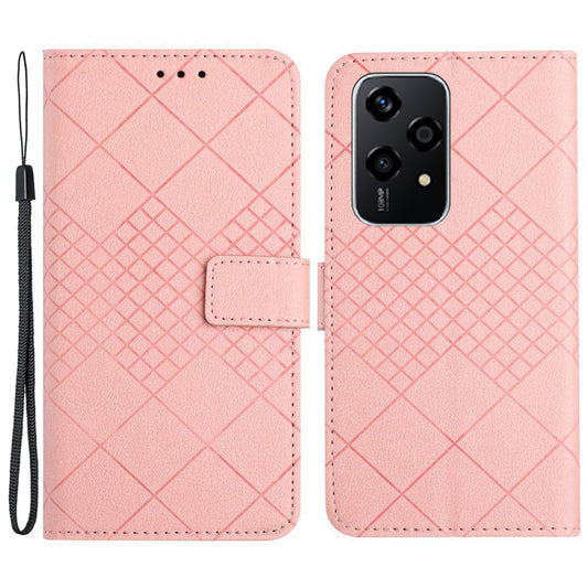 HT06 For Honor 200 Lite Magnetic Phone Case Rhombus Pattern Leather Stand Cover - Pink