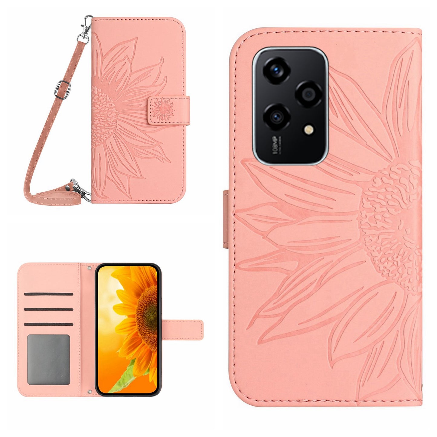 HT04 For Honor 200 Lite Case Imprinted Sunflower Leather Smartphone Cover with Shoulder Strap - Light Pink