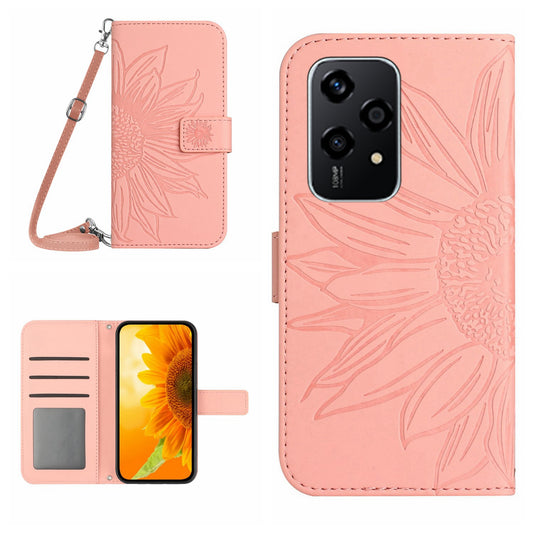 HT04 For Honor 200 Lite Case Imprinted Sunflower Leather Smartphone Cover with Shoulder Strap - Light Pink