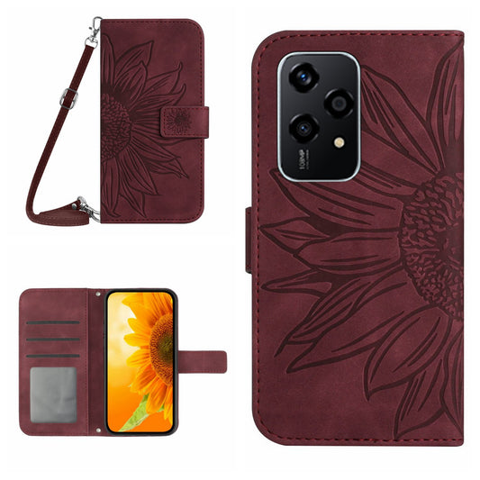 HT04 For Honor 200 Lite Case Imprinted Sunflower Leather Smartphone Cover with Shoulder Strap - Wine Red