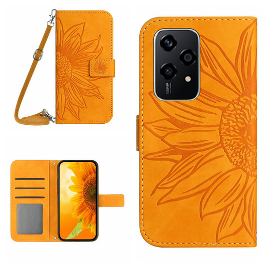 HT04 For Honor 200 Lite Case Imprinted Sunflower Leather Smartphone Cover with Shoulder Strap - Yellow