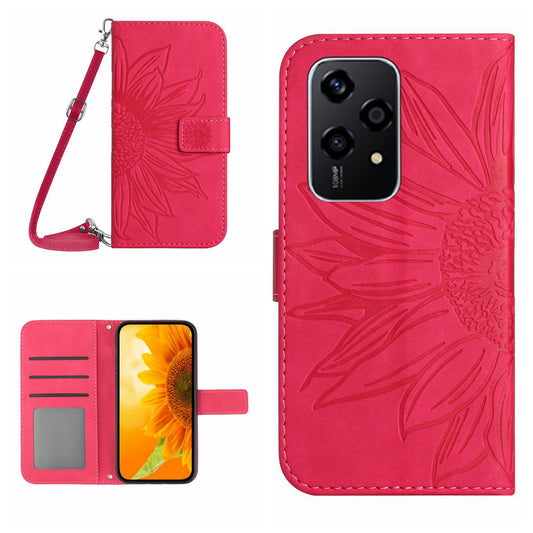 HT04 For Honor 200 Lite Case Imprinted Sunflower Leather Smartphone Cover with Shoulder Strap - Rose