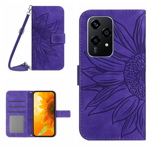 HT04 For Honor 200 Lite Case Imprinted Sunflower Leather Smartphone Cover with Shoulder Strap - Dark Purple