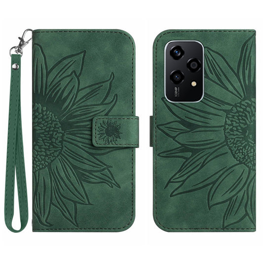 HT04 For Honor 200 Lite Case PU Leather Cell Phone Cover with Hand Strap Imprinted Sunflower Printed - Green