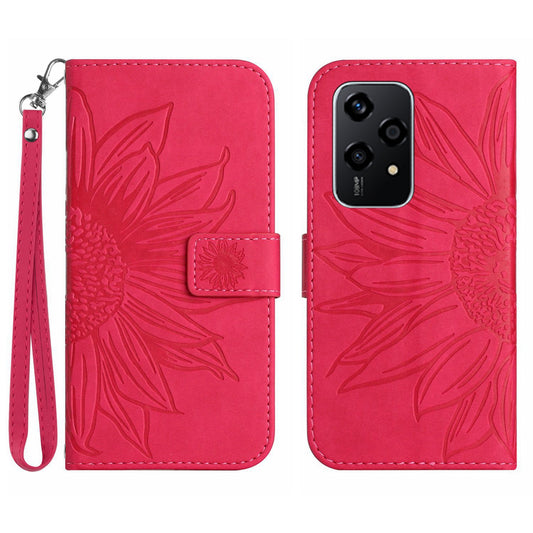 HT04 For Honor 200 Lite Case PU Leather Cell Phone Cover with Hand Strap Imprinted Sunflower Printed - Rose