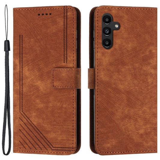 PU Leather Phone Case for Samsung Galaxy M15 5G / F15 5G Imprinted Lines Stand Wallet Phone Cover - Brown