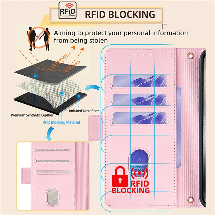 For Samsung Galaxy M15 5G Wallet Case Crossbody RFID Blocking PU Leather Phone Cover - Pink