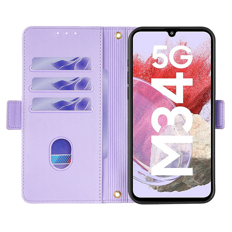 For Samsung Galaxy M34 5G / F34 5G Wallet Case RFID Blocking Leather Phone Cover with 2 Straps - Purple