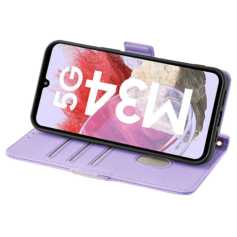 For Samsung Galaxy M34 5G / F34 5G Wallet Case RFID Blocking Leather Phone Cover with 2 Straps - Purple