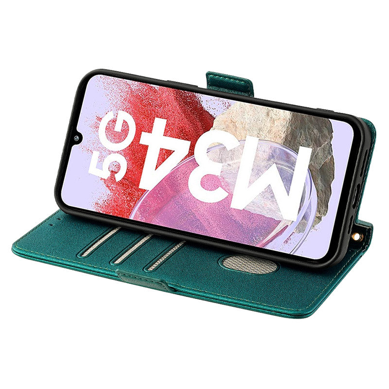 For Samsung Galaxy M34 5G / F34 5G Wallet Case RFID Blocking Leather Phone Cover with 2 Straps - Green