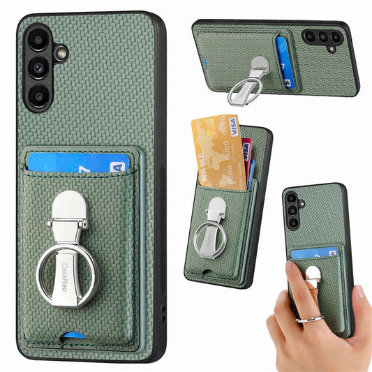 C1-9 for Samsung Galaxy A55 5G Case with Ring Kickstand Carbon FiberTexture Leather Back Cover - Green