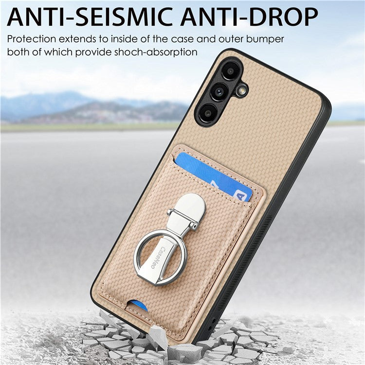 C1-9 for Samsung Galaxy A55 5G Case with Ring Kickstand Carbon FiberTexture Leather Back Cover - Beige