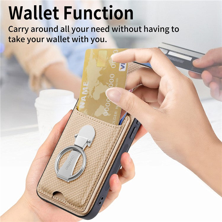 C1-9 for Samsung Galaxy A55 5G Case with Ring Kickstand Carbon FiberTexture Leather Back Cover - Beige
