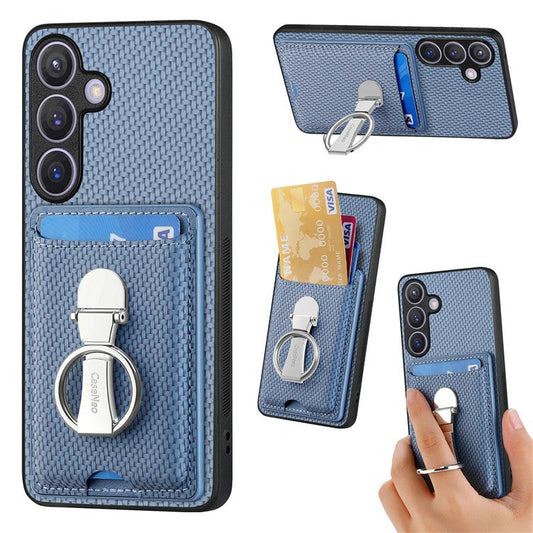 C1-9 for Samsung Galaxy S24+ Case Carbon Fiber Texture Card Holder Phone Cover with Folding Kickstand - Blue