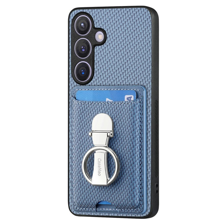 C1-9 for Samsung Galaxy S24+ Case Carbon Fiber Texture Card Holder Phone Cover with Folding Kickstand - Blue
