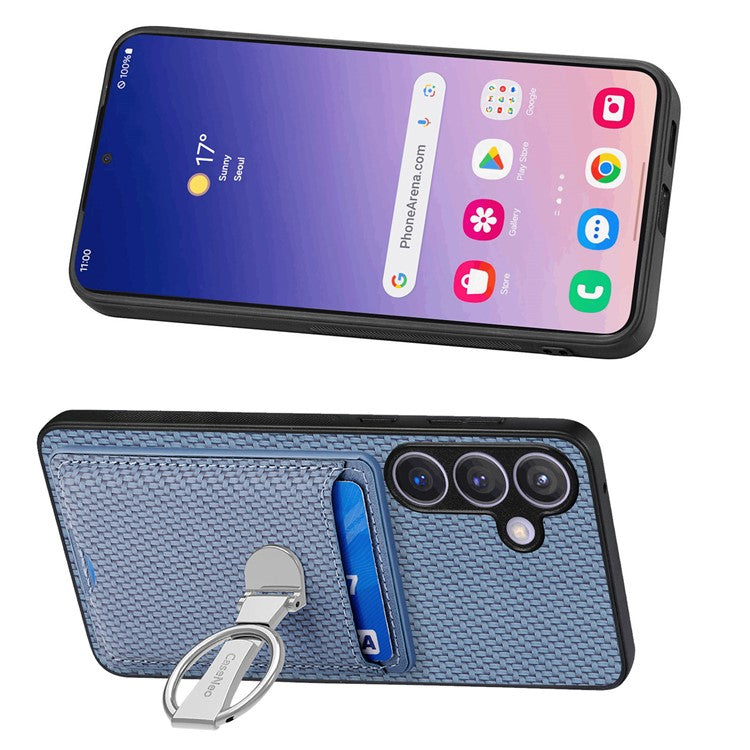 C1-9 for Samsung Galaxy S24+ Case Carbon Fiber Texture Card Holder Phone Cover with Folding Kickstand - Blue