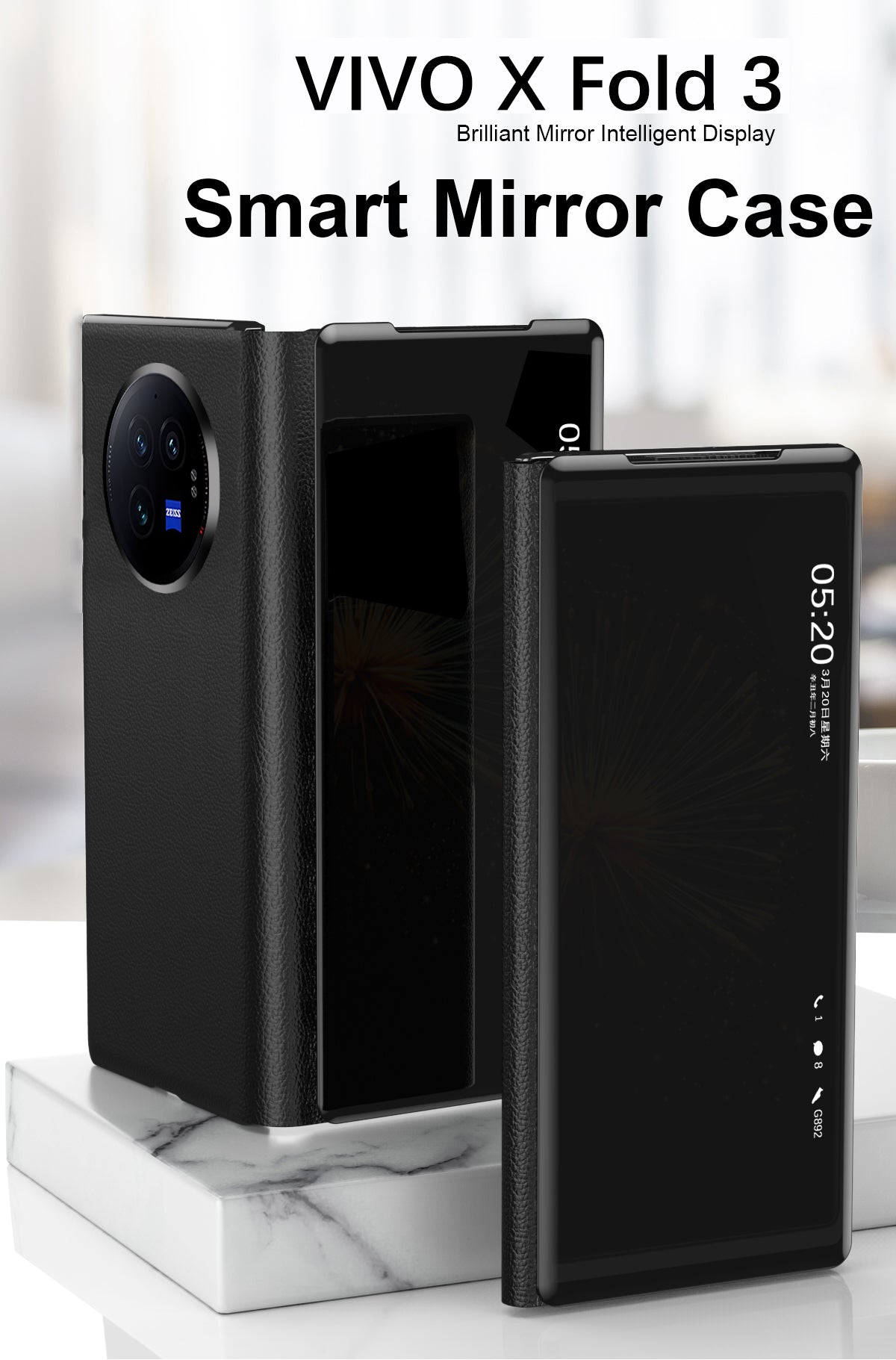 For vivo X Fold3 Leather Case Mirror Surface Electroplating Phone Cover with View Window - Silver