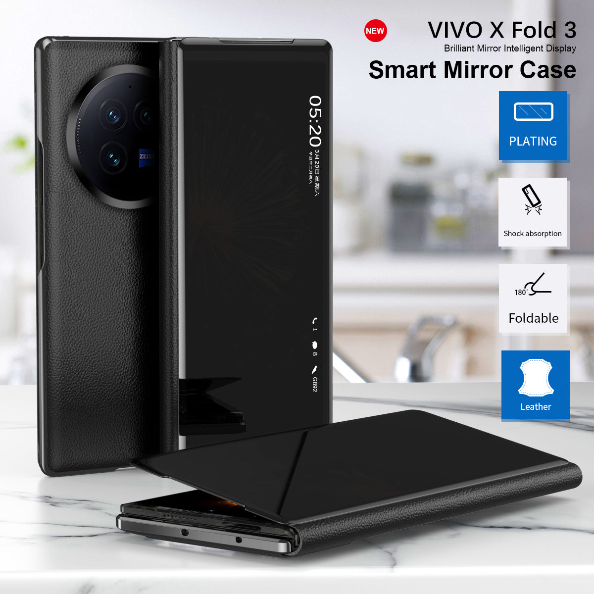 For vivo X Fold3 Leather Case Mirror Surface Electroplating Phone Cover with View Window - Silver