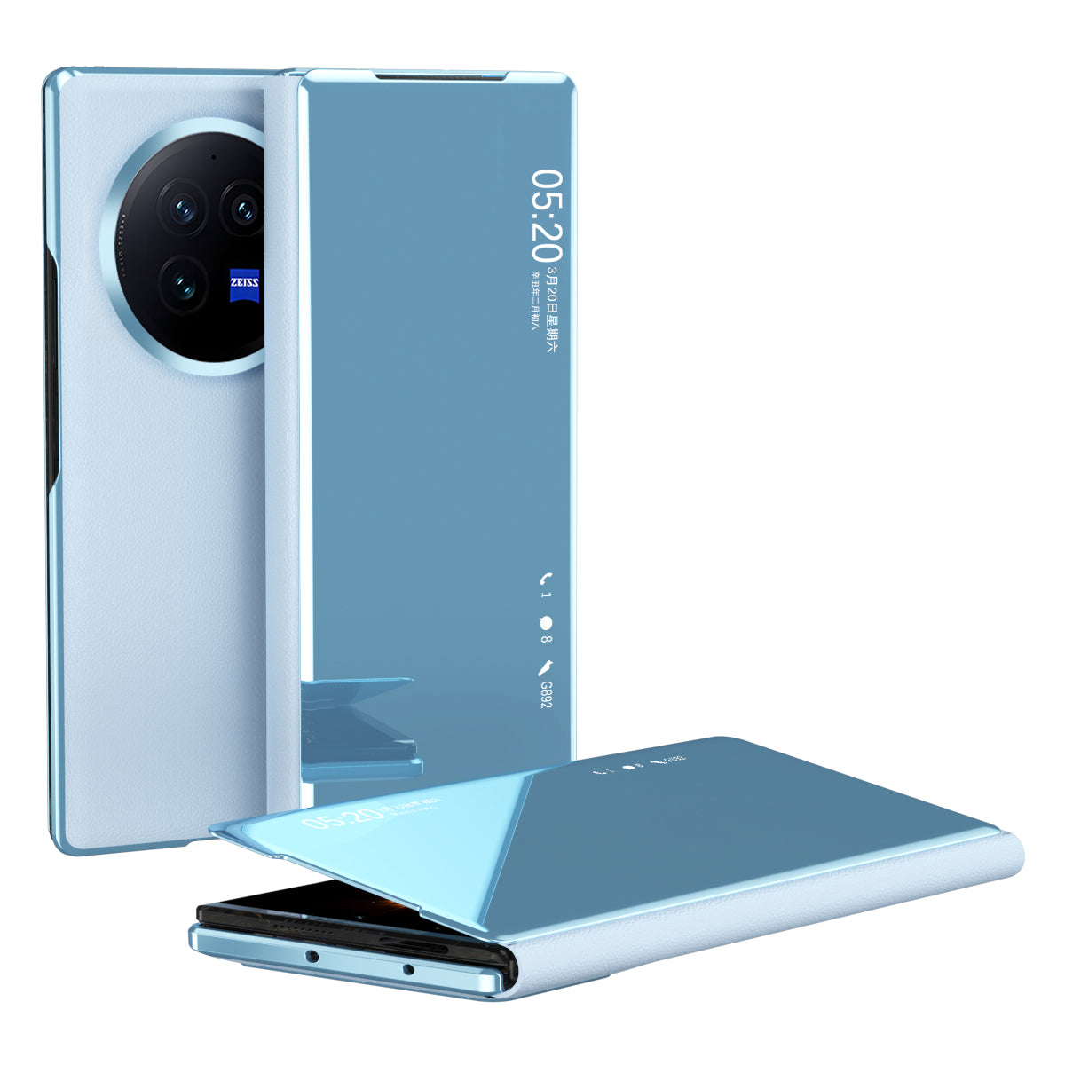 For vivo X Fold3 Leather Case Mirror Surface Electroplating Phone Cover with View Window - Blue
