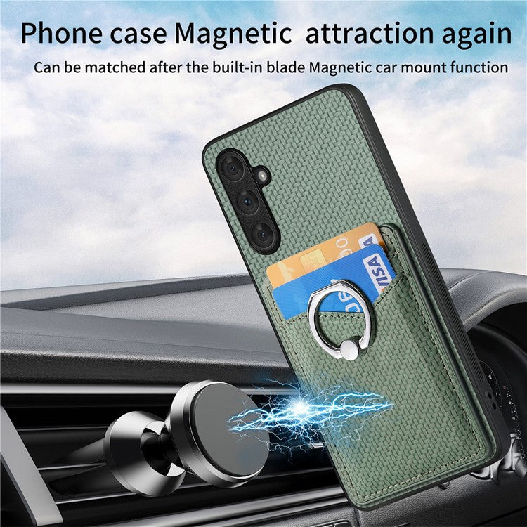 For Samsung Galaxy A34 5G Case with Card Holder Ring Kickstand PU Leather Coated PC+TPU Back Cover - Green