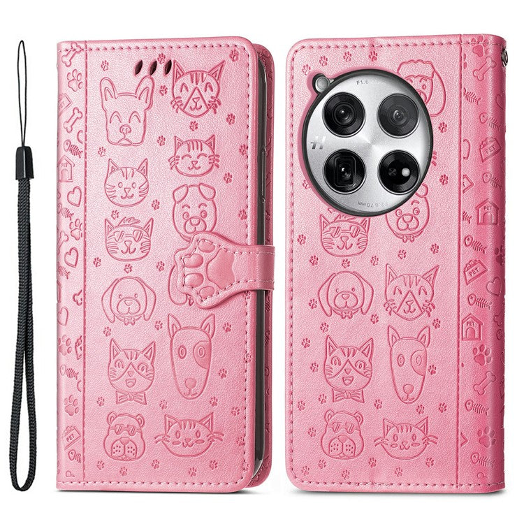 For OnePlus 12 5G Case Cute Cat Dog Imprinted PU Leather Flip Phone Cover - Pink