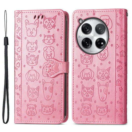 For OnePlus 12 5G Case Cute Cat Dog Imprinted PU Leather Flip Phone Cover - Pink