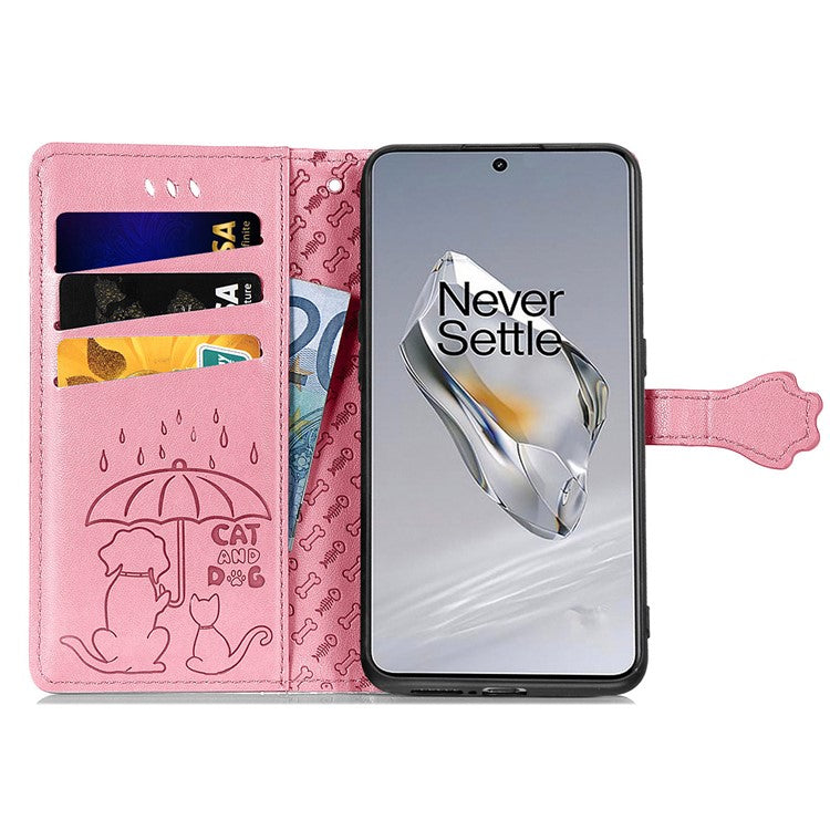 For OnePlus 12 5G Case Cute Cat Dog Imprinted PU Leather Flip Phone Cover - Pink