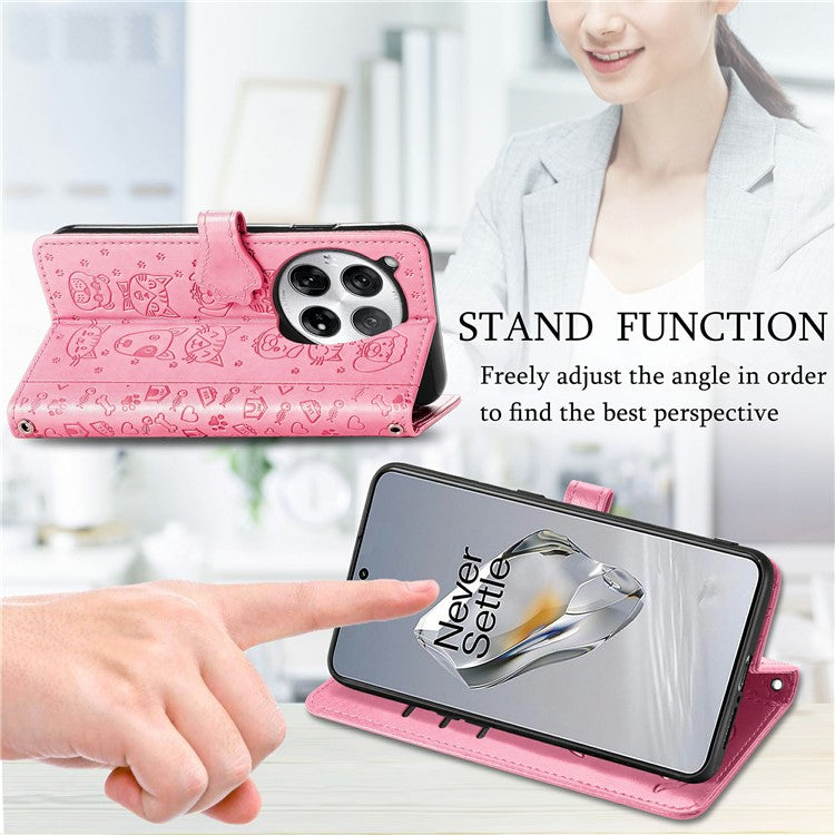 For OnePlus 12 5G Case Cute Cat Dog Imprinted PU Leather Flip Phone Cover - Pink
