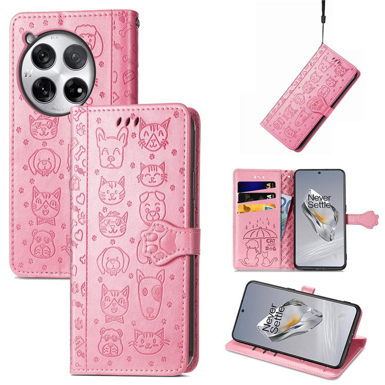 For OnePlus 12 5G Case Cute Cat Dog Imprinted PU Leather Flip Phone Cover - Pink